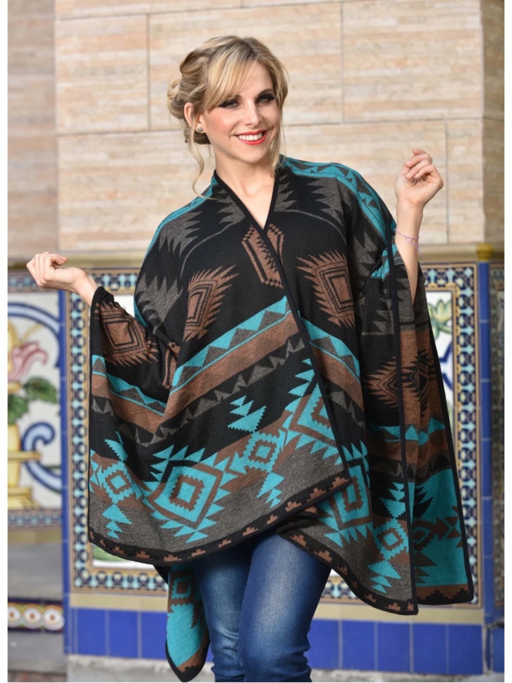Luxury Style Southwestern Baby Alpaca Wrap Shawl Blue Brown Aztec Poncho OS